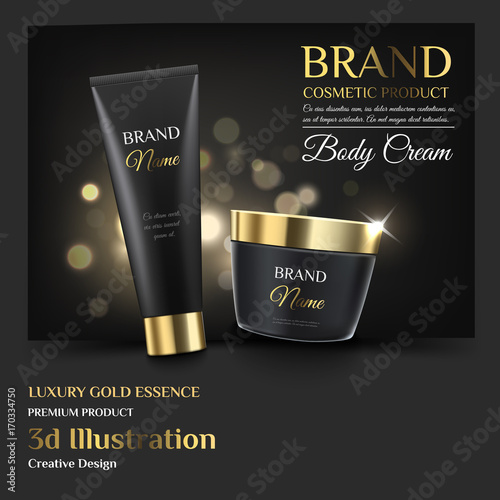 A beautiful luxury cosmetic template for ads, realistic 3d black matte tube and jar ready for design and print. Modern illustration for advertising