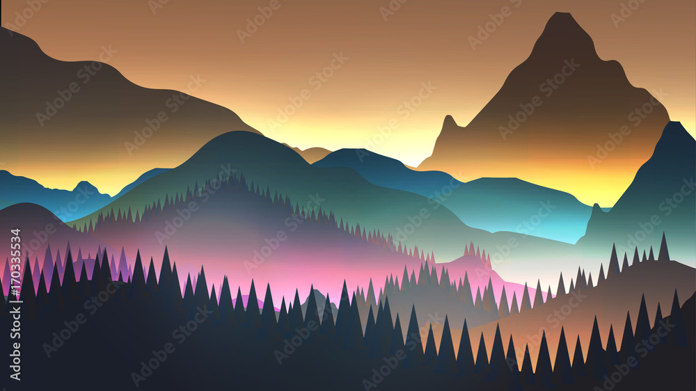Abstract Sunrise Mountains with Lake and Pine Forest - Vector Illustration