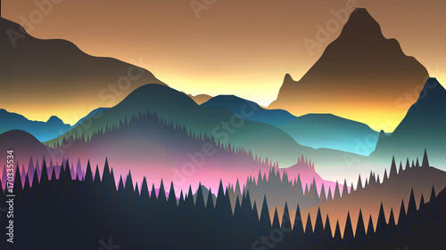 Abstract Sunrise Mountains with Lake and Pine Forest - Vector Illustration
