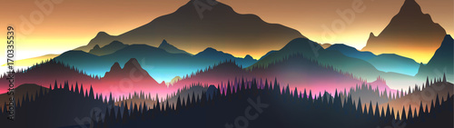 Abstract Sunrise Panorama Mountains with Lake and Pine Forest - Vector Illustration.