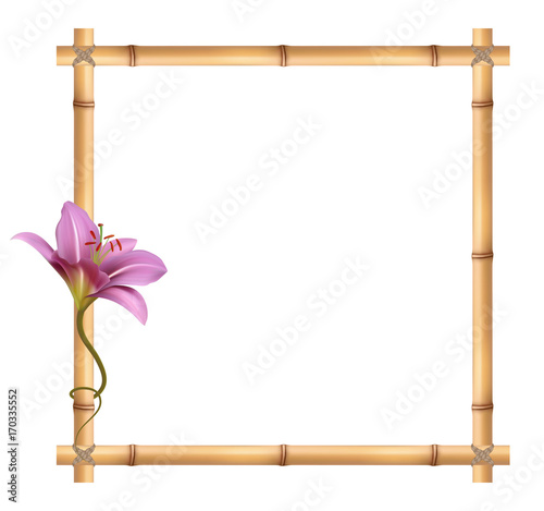 Realistic bamboo frame with purple lily flower.