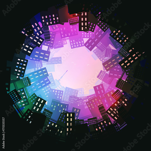 Fish Eye City Scape at Night - Vector Illustration