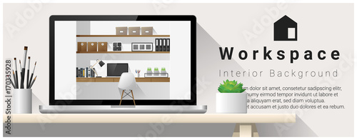 Interior design of modern office workplace , vector , illustration