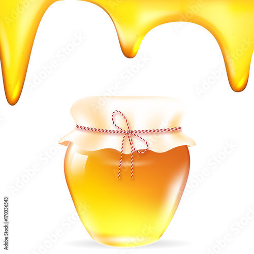 Realistic honey jar with streaks of drops. Vector 3d illustration on white background