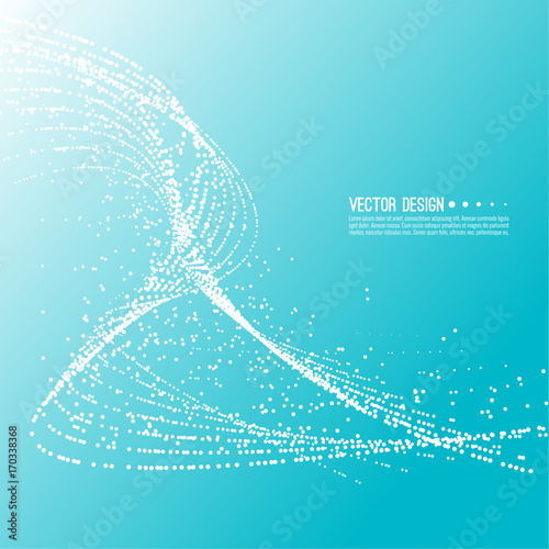 Abstract techno background with atom, molecule in waves. Technology, technical vector. Dynamic stream fragments of neurons dot. Sprayed circle particles in force field array.