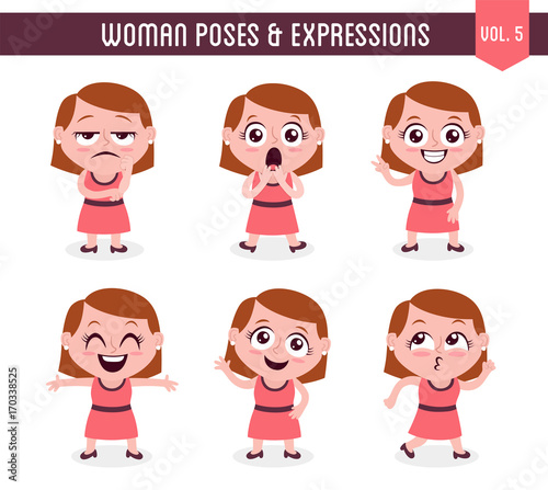 Cartoon character of a woman in different poses. Isolated on white background. Body gestures and facial expressions. Set 5 of 8.