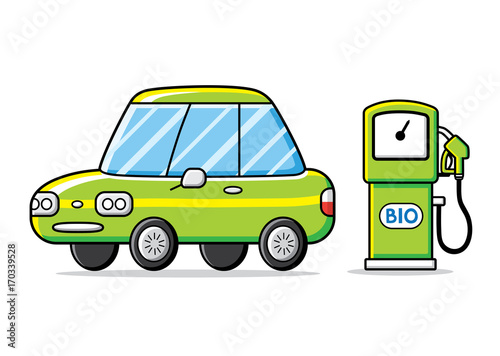 Green car and bio fuel pump isolated. Eco filling station.