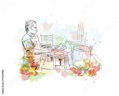 Watercolor sketch of Man making Street food in vector illustration.