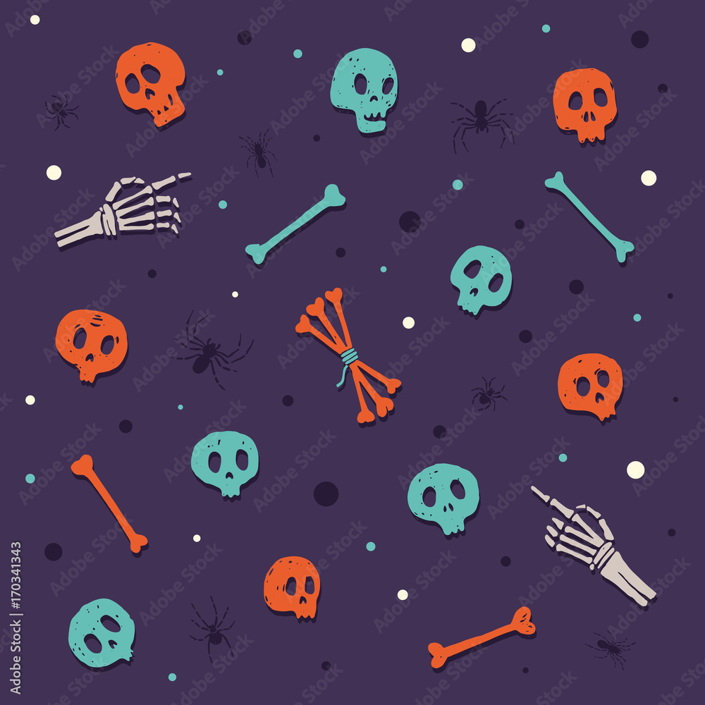 Happy Halloween. Skulls and bones. Set of colored cartoon elements on theme of celebrating Halloween. Vector illustration.
