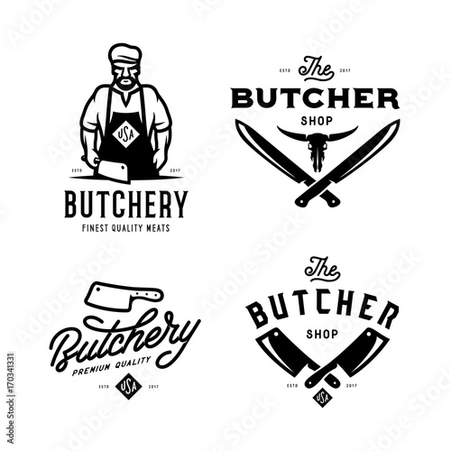 Butcher shop labels badges emblems set. Vector vintage illustration.