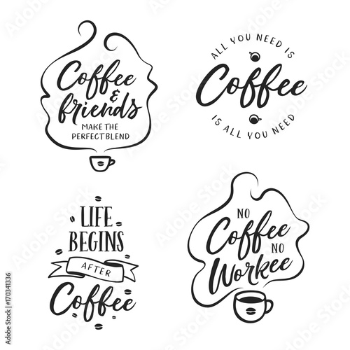 Hand drawn coffee related quotes set. Vector vintage illustration.