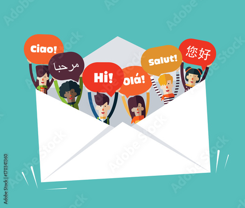 Group of happy smiling young people with speech bubbles in different languages in a big envelope. Male and female faces avatars design style. Communication, teamwork and connection vector concept