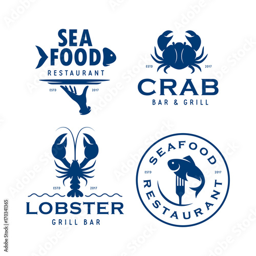 Seafood related labels badges emblems set. Vector vintage illustration.
