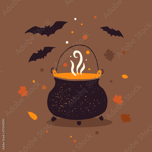 Symbol of halloween. Witches cauldron with smoking potion and bats. Vector cartoon Illustration.