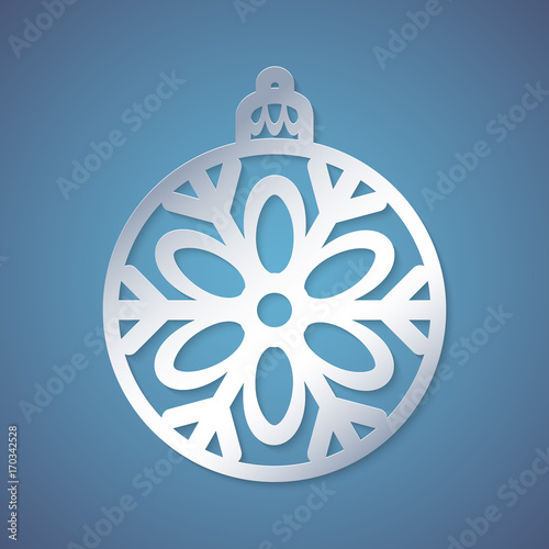 Christmas ball with a snowflake cut out of paper. Template for Christmas cards, invitations for Christmas party. Image suitable for laser cutting, plotter cutting or printing. Festive background.