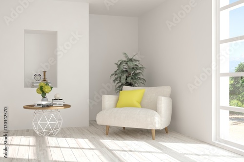 White room with armchair and green landscape in window. Scandinavian interior design. 3D illustration