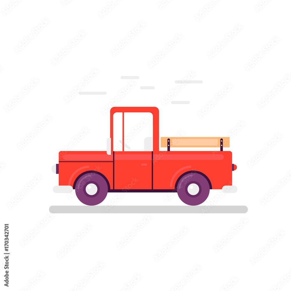 Flat illustration of cartoon delivery pickup. Agriculture. Isolated on white background. Red truck delivery side view. Simple geometric shapes.