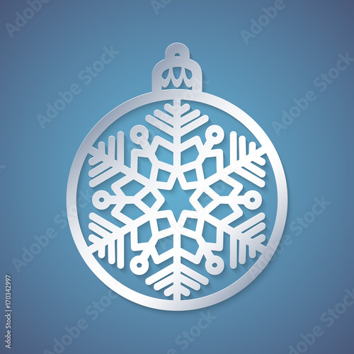 Christmas ball with a snowflake cut out of paper. Template for Christmas cards, invitations for Christmas party. Image suitable for laser cutting, plotter cutting or printing. Festive background.