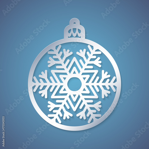 Christmas ball with a snowflake cut out of paper. Template for Christmas cards, invitations for Christmas party. Image suitable for laser cutting, plotter cutting or printing. Festive background.