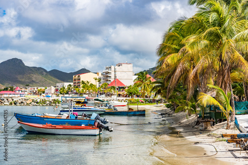 Philipsburg marina in Sint Maarten cruise ship vacation destination. Touristic harbour stop on cruise holiday itinerary, the town of Philipsburg on the dutch Antilles side of St Maarten Saint Martin. photo