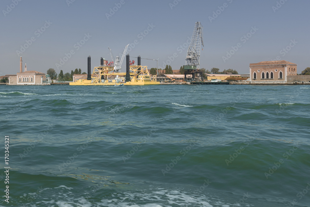 View of a shipyard in the lagoon of Venice, Italy