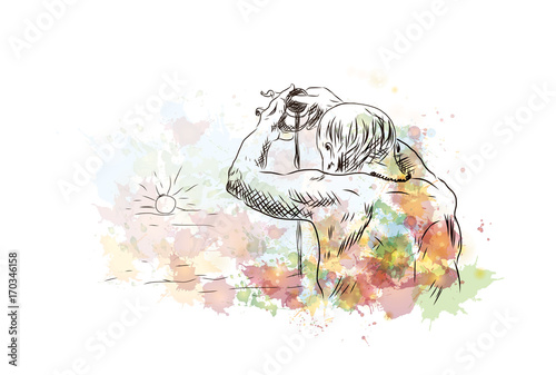 Watercolor sketch of Praying man, India in vector illustration.