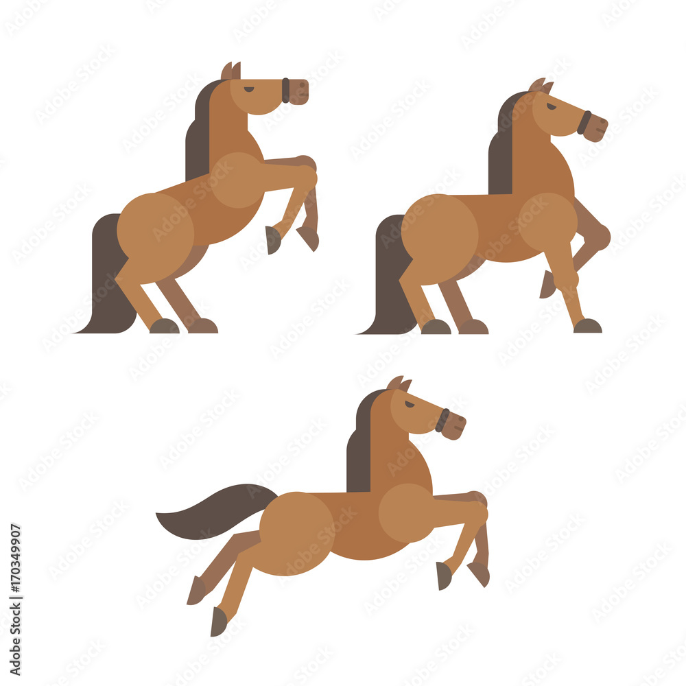 Horse poses flat illustration. Brown horse rearing, standing, running poses Horse poses flat illustration. Brown horse rearing, standing, running poses