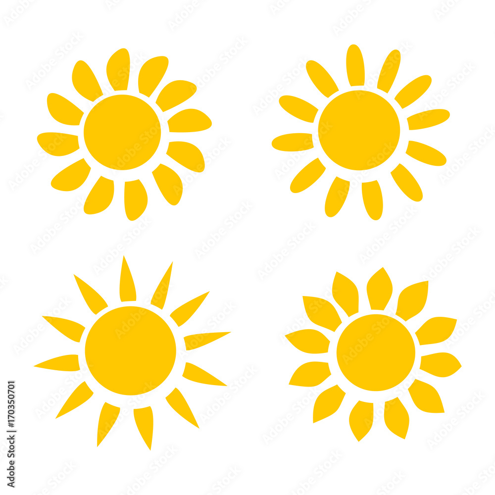 Four Different Yellow Sun Icons on White Background Vector Illustration Four Different Yellow Sun Icons on White Background Vector Illustration
