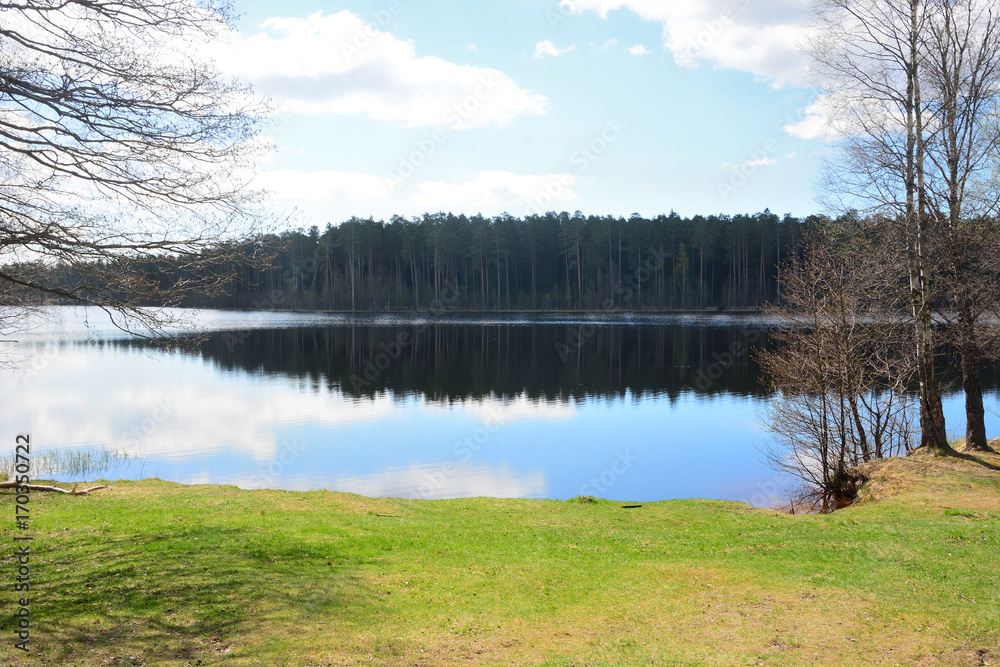 Calm forest lake with reflections. Russia, Saint-Petersburg region