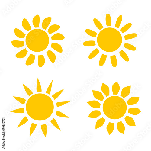 Four Different Yellow Sun Icons on White Background Vector Illustration