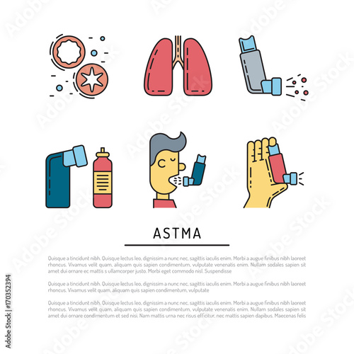 Vector icons on the theme of asthma isolated on white background in outline style