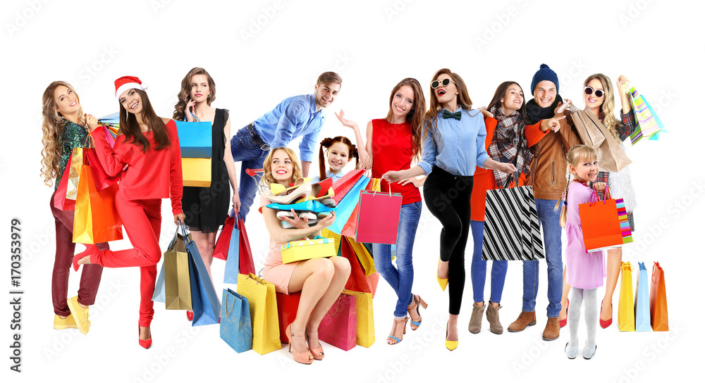 Happy people with shopping bags on white background