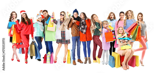 Happy people with shopping bags on white background