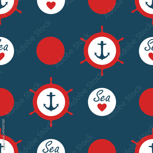 Seamless nautical pattern vector with anchors ship wheels red polka dots and sea love with heart marine background vintage retro design