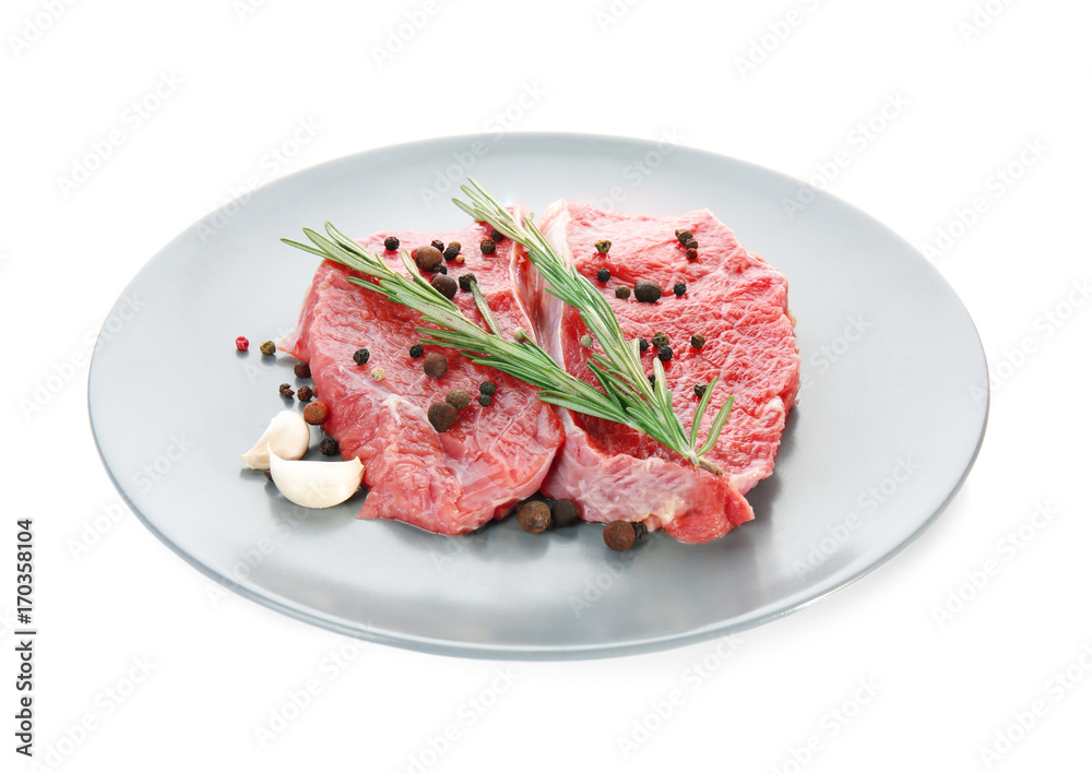 Plate with fresh raw meat, isolated on white Plate with fresh raw meat, isolated on white