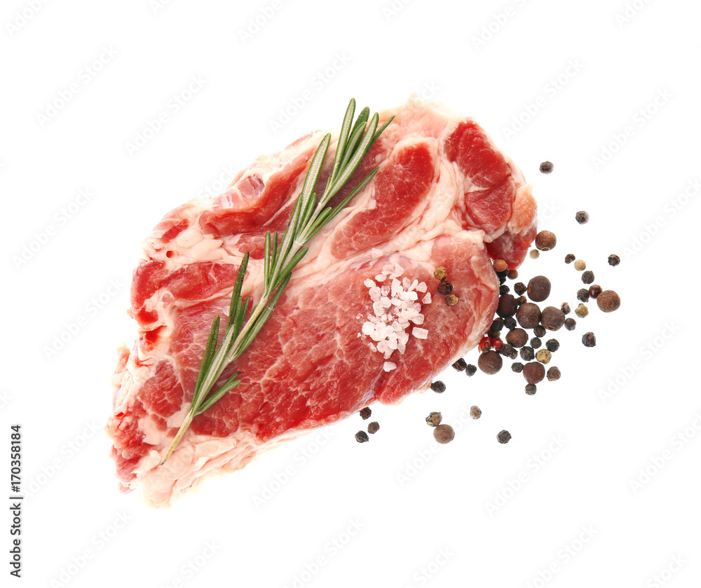 Fresh raw meat with rosemary on white background Fresh raw meat with rosemary on white background