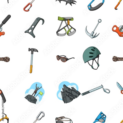 Ice ax, conquered top, mountains in the clouds and other equipment for mountaineering.Mountaineering set collection icons in cartoon style vector symbol stock illustration web.