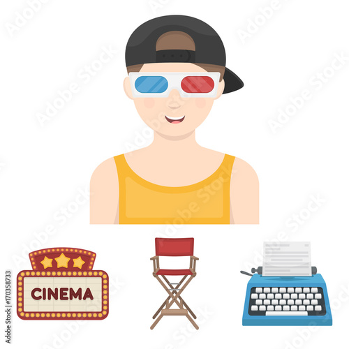 Chair of the director, typewriter, cinematographic signboard, film-man. Films and cinema set collection icons in cartoon style vector symbol stock illustration web.