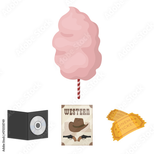 Western cinema, tickets, sweet cotton wool, film on DVD.Filmy and cinema set collection icons in cartoon style vector symbol stock illustration web.