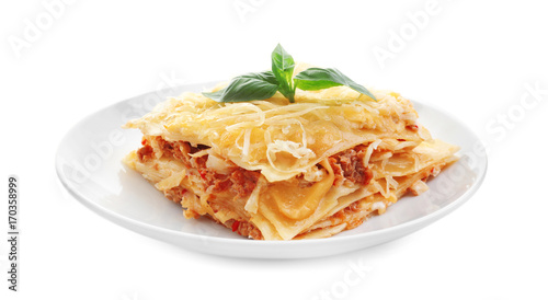 Portion of tasty lasagna, isolated on white