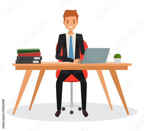 Business man working with laptop character in office room. Illustration vector of business people.