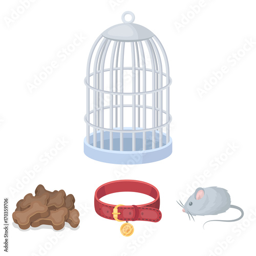A collar, a forage, a toy, a cage and other products of the zoo store.Pet shop set collection icons in cartoon style vector symbol stock illustration web.