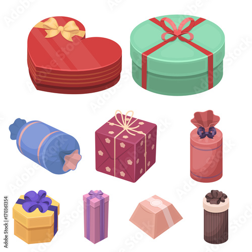 A set of pictures gifts. Gifts for different holidays, surprises. Gift packaging.Gifts and cert icon in set collection on cartoon style vector symbol stock illustration.