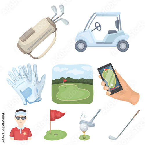 A golfer, a ball, a club and other golf attributes.Golf club set collection icons in cartoon style vector symbol stock illustration web. photo