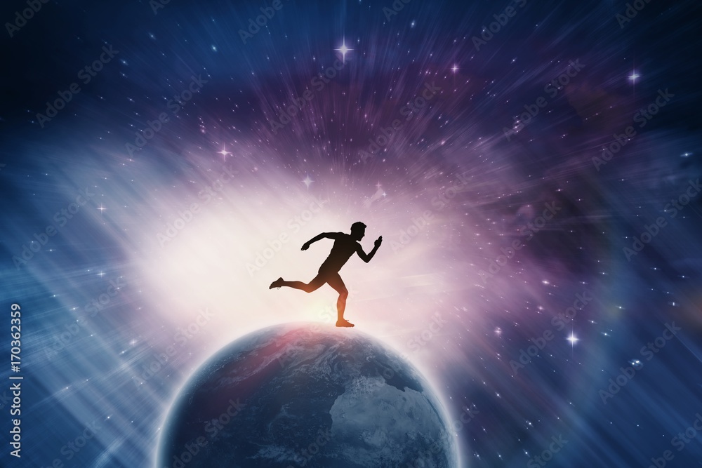 Composite image of confident male athlete running from starting