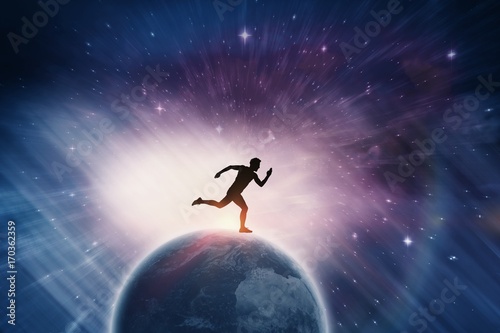 Composite image of confident male athlete running from starting