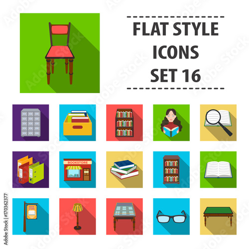Library and bookstore set icons in flat style. Big collection of library and bookstore vector symbol stock illustration