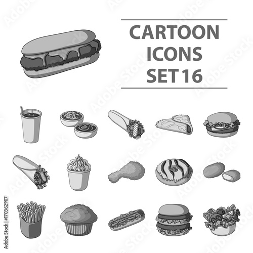 Fast food set icons in monochrome style. Big collection of fast food vector symbol stock illustration