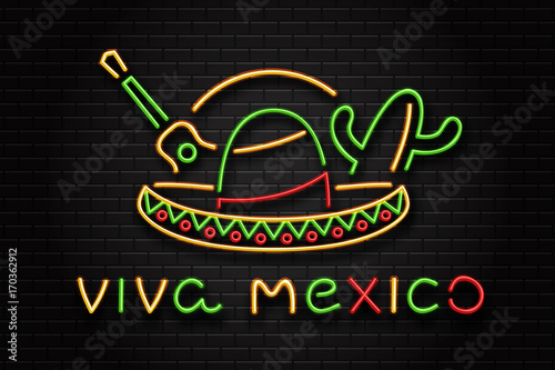 Vector realistic isolated neon sign of sombrero for Happy Independence Day in Mexico for decoration on the wall background. Concept of Viva Mexico.