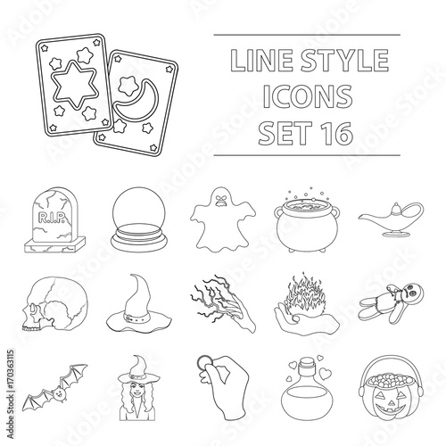 Black and white magic set icons in outline style. Big collection of and white magic vector symbol stock illustration